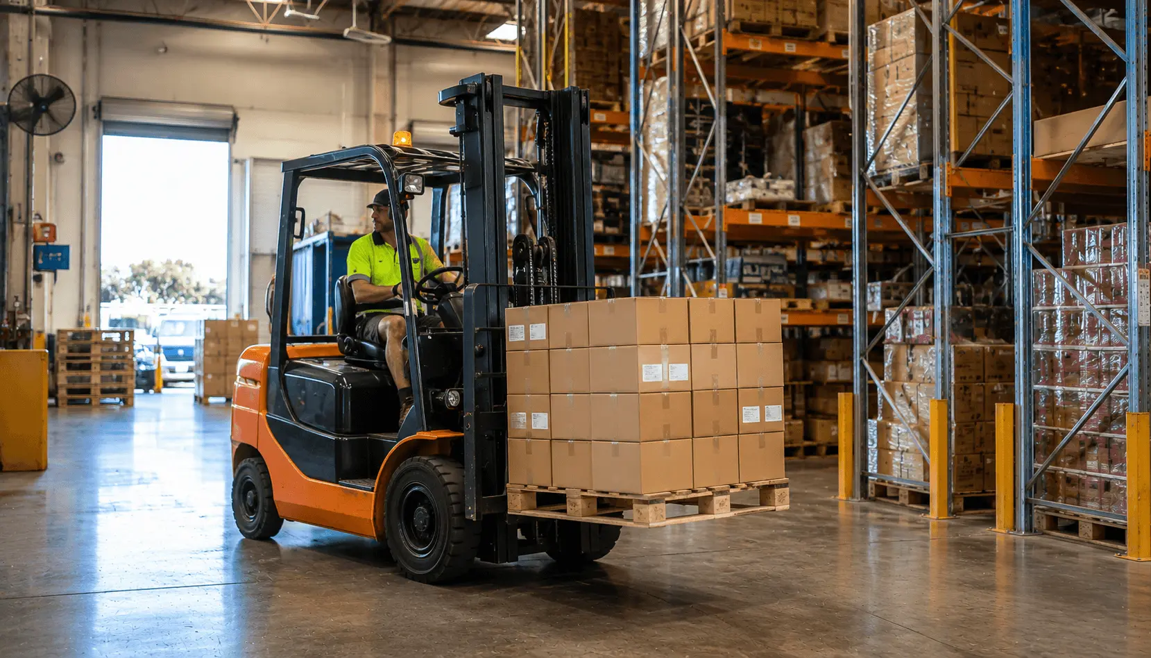 Forklift handling pallets in an Australian warehouse yard