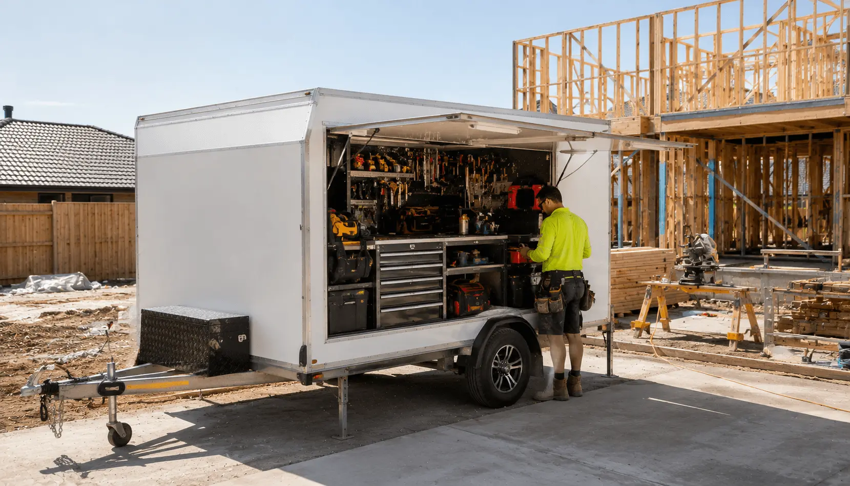 Enclosed workshop and tool trailer on an Australian work site