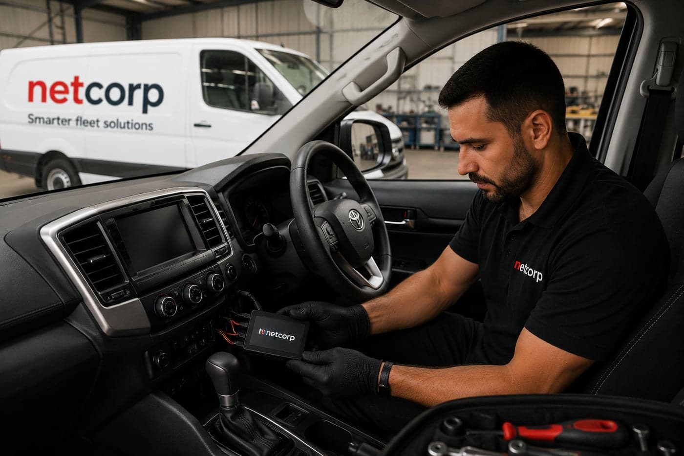 Technician installing a Netcorp tracking device in a vehicle