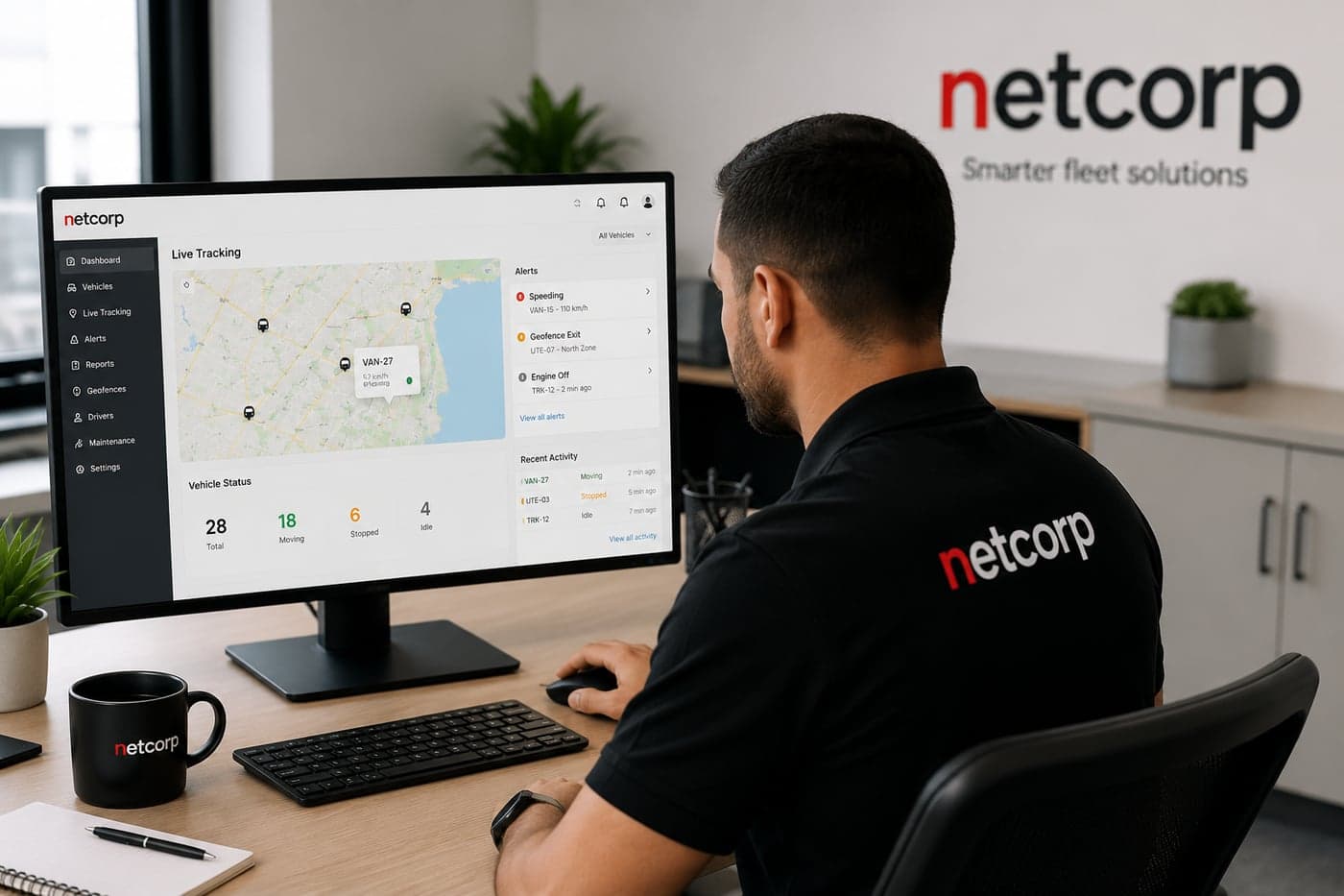 Live fleet tracking map view in the Netcorp platform