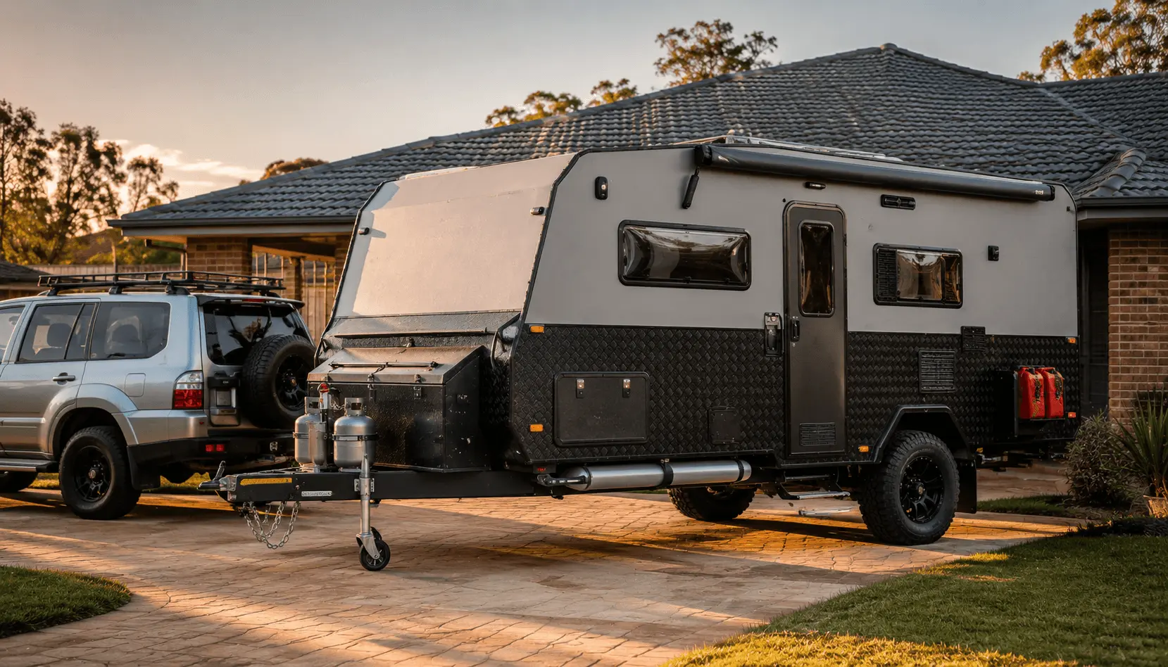 Australian off-road caravan parked in a suburban driveway