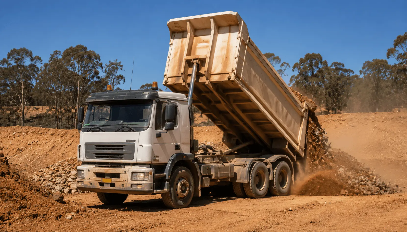 Tipper truck tipping a load at an Australian construction site