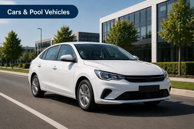 White sedan pool car on a suburban road