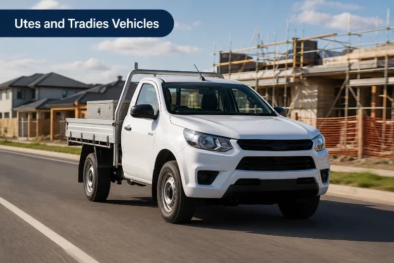 White single-cab ute with a tray driving past an Australian residential building site
